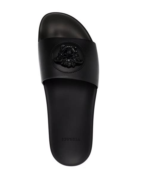 versace slides all black|Versace la medusa leather slides.